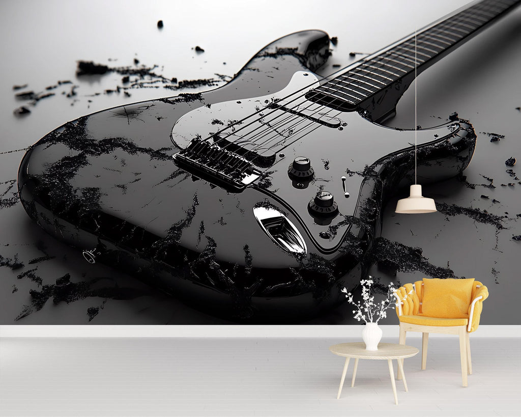 Black Electric Guitar Wall Mural – Rock Music Room Decor – Gift for Guitar Lovers – Music Studio Wallpaper – Cool Teen Room Mural