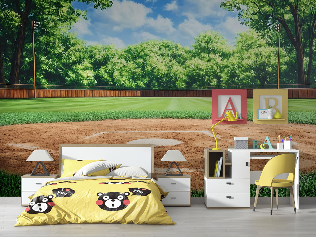 Baseball Field Wall Mural – Sports Room Decor for Boys – Gift for Baseball Fans – Little League Bedroom Wallpaper – Kids Sports Wall Art