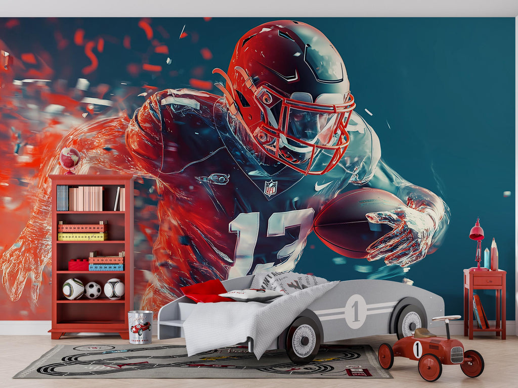 American Football Wall Mural – Boy’s Sports Room Decor – Gift for Football Fans – Quarterback Action Wallpaper – Game Day Room Art