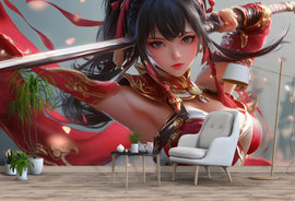Anime Warrior Girl Wall Mural – Red Samurai-Inspired Manga Wallpaper for Bedroom or Game Room – Peel and Stick or Non-Woven