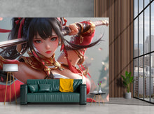 Load image into Gallery viewer, Anime Warrior Girl Wall Mural – Red Samurai-Inspired Manga Wallpaper for Bedroom or Game Room – Peel and Stick or Non-Woven
