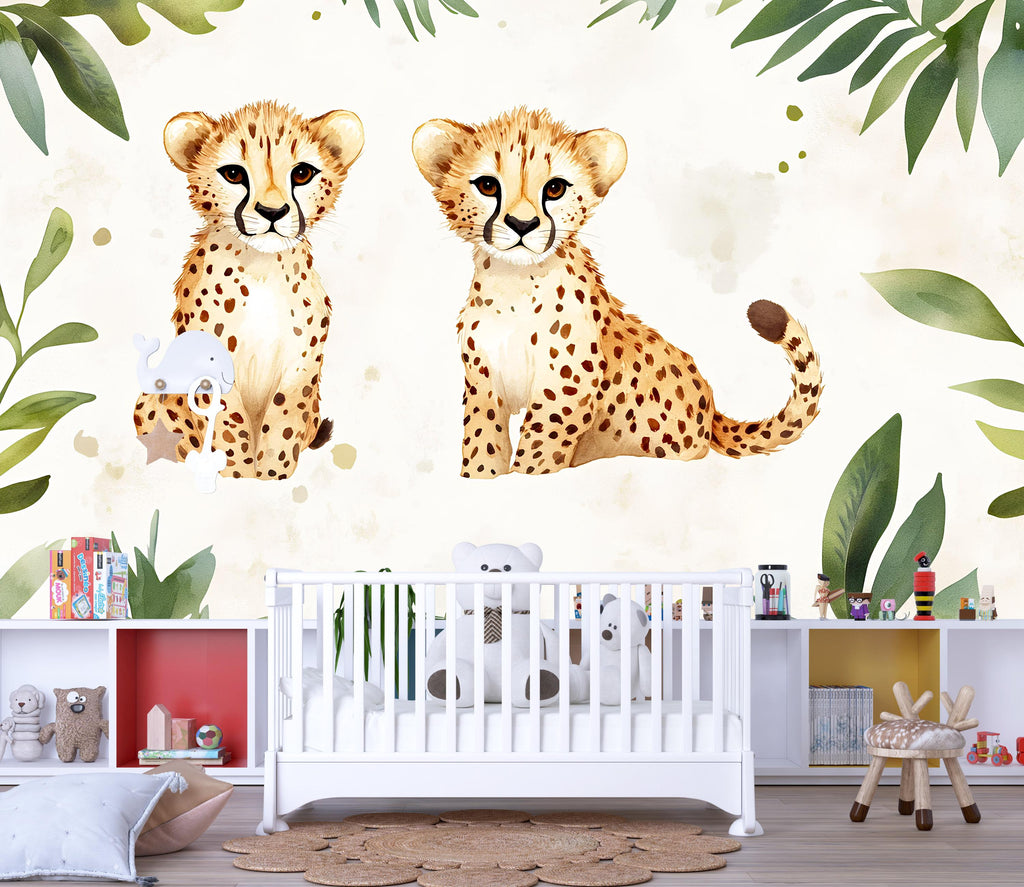 Cheetah Baby Wall Mural – Jungle Safari Nursery Decor – Animal Wallpaper for Baby Room – Baby Shower Gift – Cute Safari Wall Art