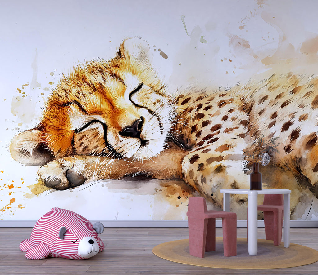 Sleeping Cheetah Wall Mural – Safari Baby Nursery Wallpaper – Jungle Animal Decor – Baby Shower Gift – Gender Neutral Jungle Theme
