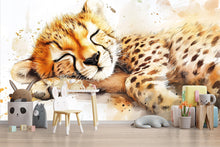 Load image into Gallery viewer, Sleeping Cheetah Wall Mural – Safari Baby Nursery Wallpaper – Jungle Animal Decor – Baby Shower Gift – Gender Neutral Jungle Theme
