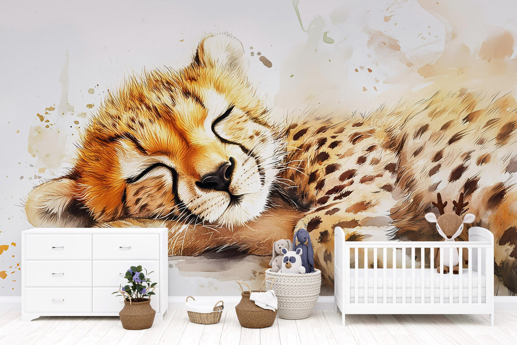 Sleeping Cheetah Wall Mural – Safari Baby Nursery Wallpaper – Jungle Animal Decor – Baby Shower Gift – Gender Neutral Jungle Theme