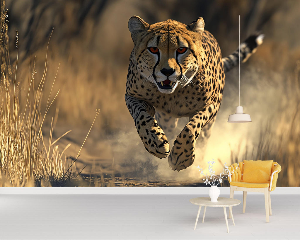 Running Cheetah Wall Mural – Bold Wildlife Wallpaper for Living Room or Office – Stylish Decor Gift – Modern Safari Accent Wall