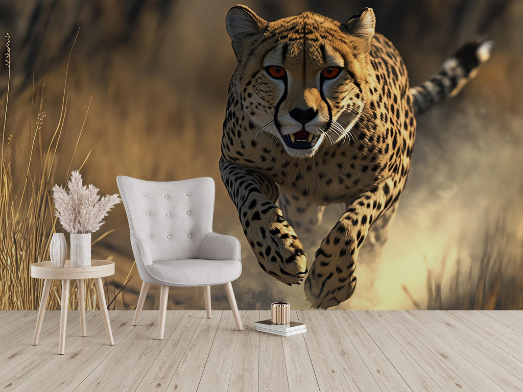 Running Cheetah Wall Mural – Bold Wildlife Wallpaper for Living Room or Office – Stylish Decor Gift – Modern Safari Accent Wall
