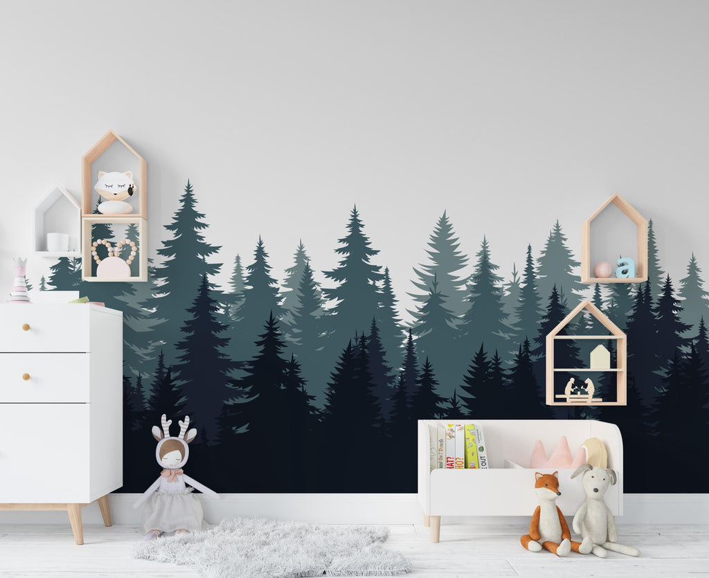 Evergreen Forest Wall Decal – Pine Tree Landscape – Teal & Navy Blue Silhouette Art – Nature Mural – Modern Woodland Decor 676LU