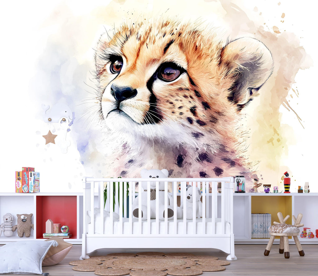 Baby Cheetah Nursery Mural – Watercolor Safari Animal Wall Art – Gender Neutral Baby Room Decor – Baby Shower or Birthday Gift