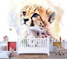 Load image into Gallery viewer, Baby Cheetah Nursery Mural – Watercolor Safari Animal Wall Art – Gender Neutral Baby Room Decor – Baby Shower or Birthday Gift