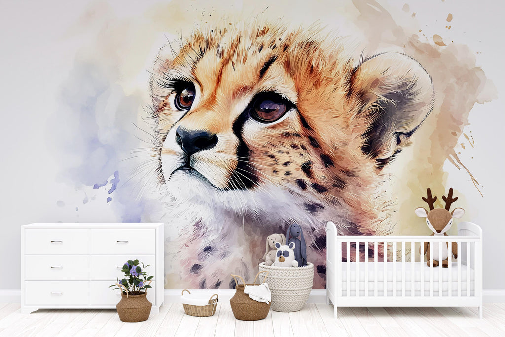 Baby Cheetah Nursery Mural – Watercolor Safari Animal Wall Art – Gender Neutral Baby Room Decor – Baby Shower or Birthday Gift