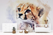 Load image into Gallery viewer, Baby Cheetah Nursery Mural – Watercolor Safari Animal Wall Art – Gender Neutral Baby Room Decor – Baby Shower or Birthday Gift