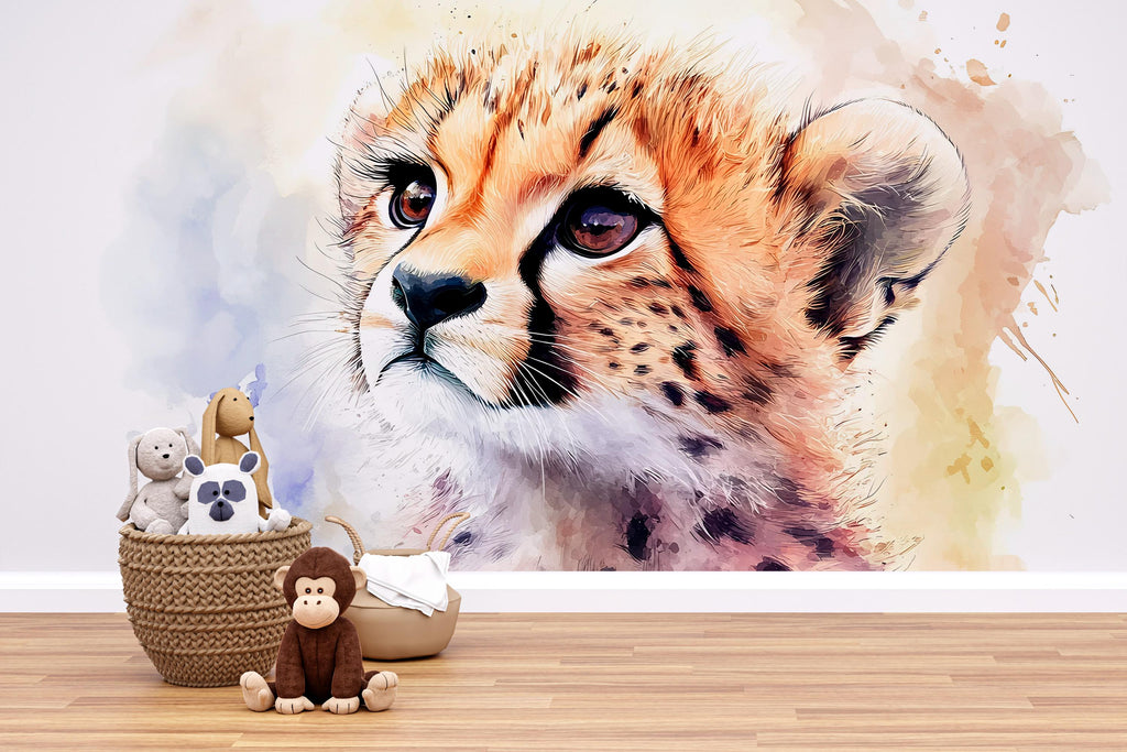 Baby Cheetah Nursery Mural – Watercolor Safari Animal Wall Art – Gender Neutral Baby Room Decor – Baby Shower or Birthday Gift