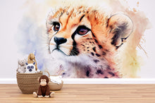 Load image into Gallery viewer, Baby Cheetah Nursery Mural – Watercolor Safari Animal Wall Art – Gender Neutral Baby Room Decor – Baby Shower or Birthday Gift