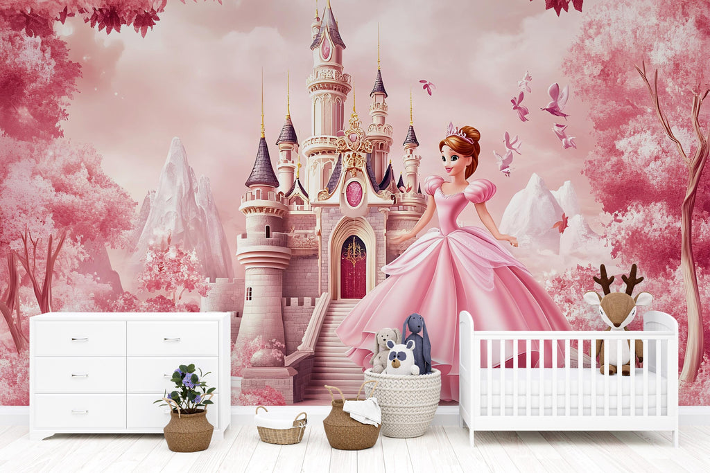 Princess Castle Wall Mural – Pink Fairy Tale Wallpaper for Girls Bedroom or Nursery, Peel and Stick Princess Room Decor, Magical Kids Art