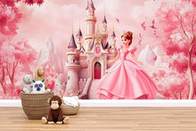 Load image into Gallery viewer, Princess Castle Wall Mural – Pink Fairy Tale Wallpaper for Girls Bedroom or Nursery, Peel and Stick Princess Room Decor, Magical Kids Art