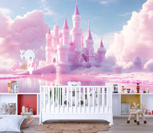 Load image into Gallery viewer, Pink Castle Wall Mural – Fantasy Cloud Kingdom Wallpaper for Kids Room, Princess Peel and Stick Wall Art, Dreamy Girl Nursery Decor