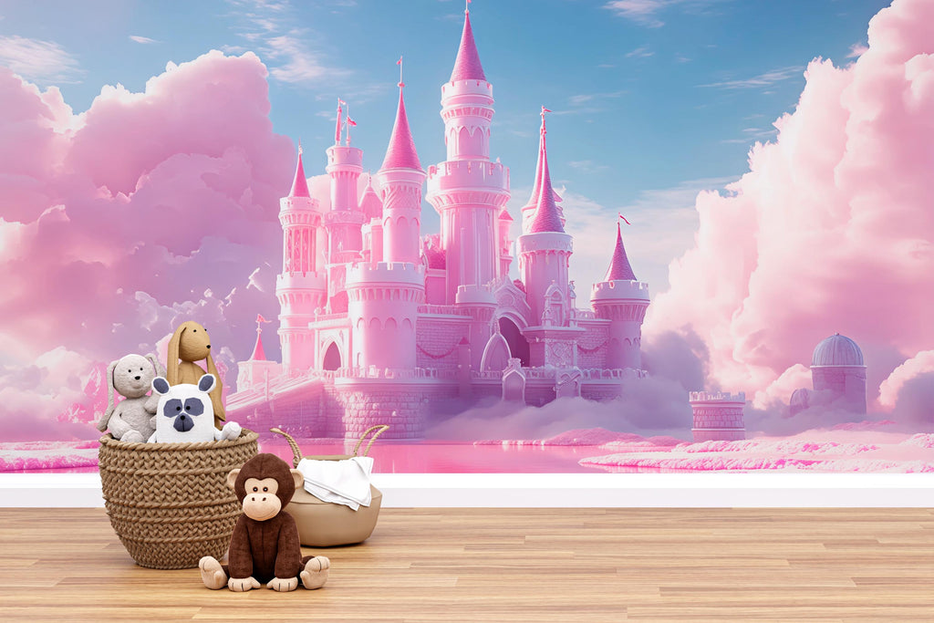 Pink Castle Wall Mural – Fantasy Cloud Kingdom Wallpaper for Kids Room, Princess Peel and Stick Wall Art, Dreamy Girl Nursery Decor
