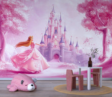 Load image into Gallery viewer, Princess Castle Wall Mural – Pink Fairytale Wallpaper for Girls Nursery or Bedroom, Fantasy Peel and Stick Wall Art, Magical Kids Decor