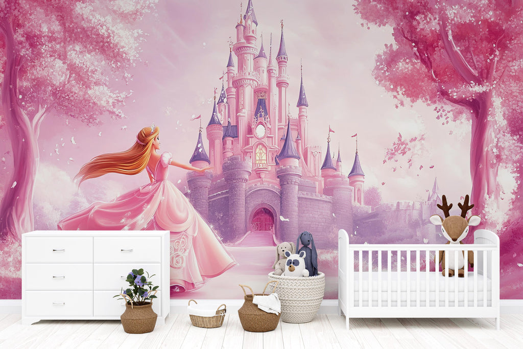 Princess Castle Wall Mural – Pink Fairytale Wallpaper for Girls Nursery or Bedroom, Fantasy Peel and Stick Wall Art, Magical Kids Decor