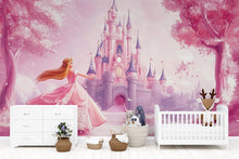 Load image into Gallery viewer, Princess Castle Wall Mural – Pink Fairytale Wallpaper for Girls Nursery or Bedroom, Fantasy Peel and Stick Wall Art, Magical Kids Decor