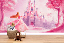 Load image into Gallery viewer, Princess Castle Wall Mural – Pink Fairytale Wallpaper for Girls Nursery or Bedroom, Fantasy Peel and Stick Wall Art, Magical Kids Decor