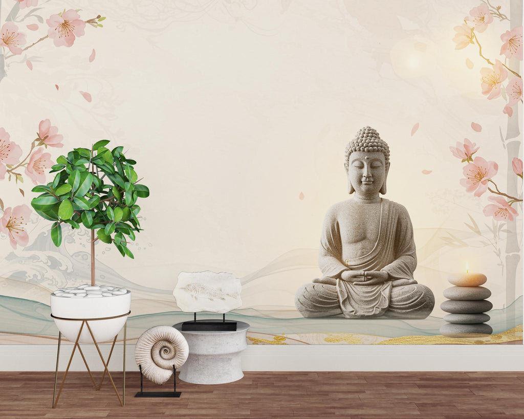 Zen Buddha Spa Wall Mural – Minimalist Meditation Wallpaper with Cherry Blossoms Watercolor Waves – Calm Neutral Wellness Decor Mural 698RS