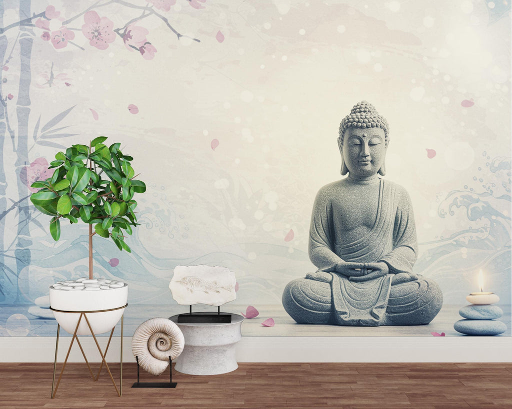 Zen Buddha Spa Wall Mural – Minimalist Meditation Wallpaper with Cherry Blossoms Watercolor Waves – Calm Neutral Wellness Decor Mural 699RS