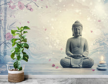Load image into Gallery viewer, Zen Buddha Spa Wall Mural – Minimalist Meditation Wallpaper with Cherry Blossoms Watercolor Waves – Calm Neutral Wellness Decor Mural 699RS