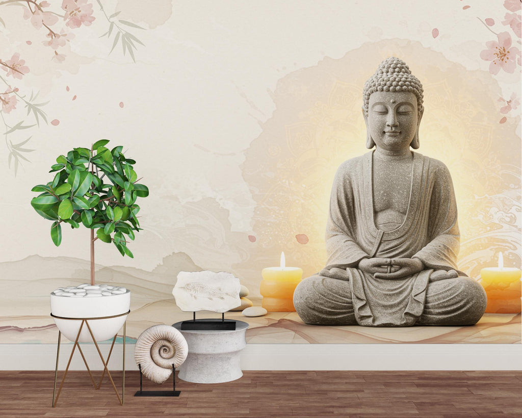 Zen Buddha Spa Wall Mural – Minimalist Meditation Wallpaper with Cherry Blossoms Watercolor Waves – Calm Neutral Wellness Decor Mural 700RS