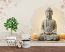 Load image into Gallery viewer, Zen Buddha Spa Wall Mural – Minimalist Meditation Wallpaper with Cherry Blossoms Watercolor Waves – Calm Neutral Wellness Decor Mural 700RS