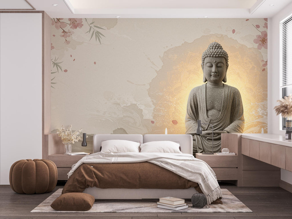 Zen Buddha Spa Wall Mural – Minimalist Meditation Wallpaper with Cherry Blossoms Watercolor Waves – Calm Neutral Wellness Decor Mural 700RS