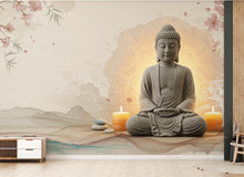 Load image into Gallery viewer, Zen Buddha Spa Wall Mural – Minimalist Meditation Wallpaper with Cherry Blossoms Watercolor Waves – Calm Neutral Wellness Decor Mural 700RS