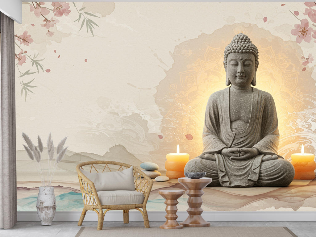 Zen Buddha Spa Wall Mural – Minimalist Meditation Wallpaper with Cherry Blossoms Watercolor Waves – Calm Neutral Wellness Decor Mural 700RS