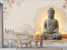 Load image into Gallery viewer, Zen Buddha Spa Wall Mural – Minimalist Meditation Wallpaper with Cherry Blossoms Watercolor Waves – Calm Neutral Wellness Decor Mural 700RS