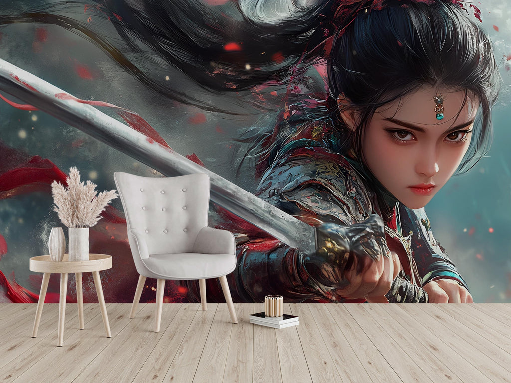 Warrior Woman Wall Mural – Epic Sword Fighter Fantasy Wallpaper, Anime-Style Female Warrior Decor, Peel and Stick Wall Art for Gamers