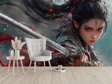 Load image into Gallery viewer, Warrior Woman Wall Mural – Epic Sword Fighter Fantasy Wallpaper, Anime-Style Female Warrior Decor, Peel and Stick Wall Art for Gamers