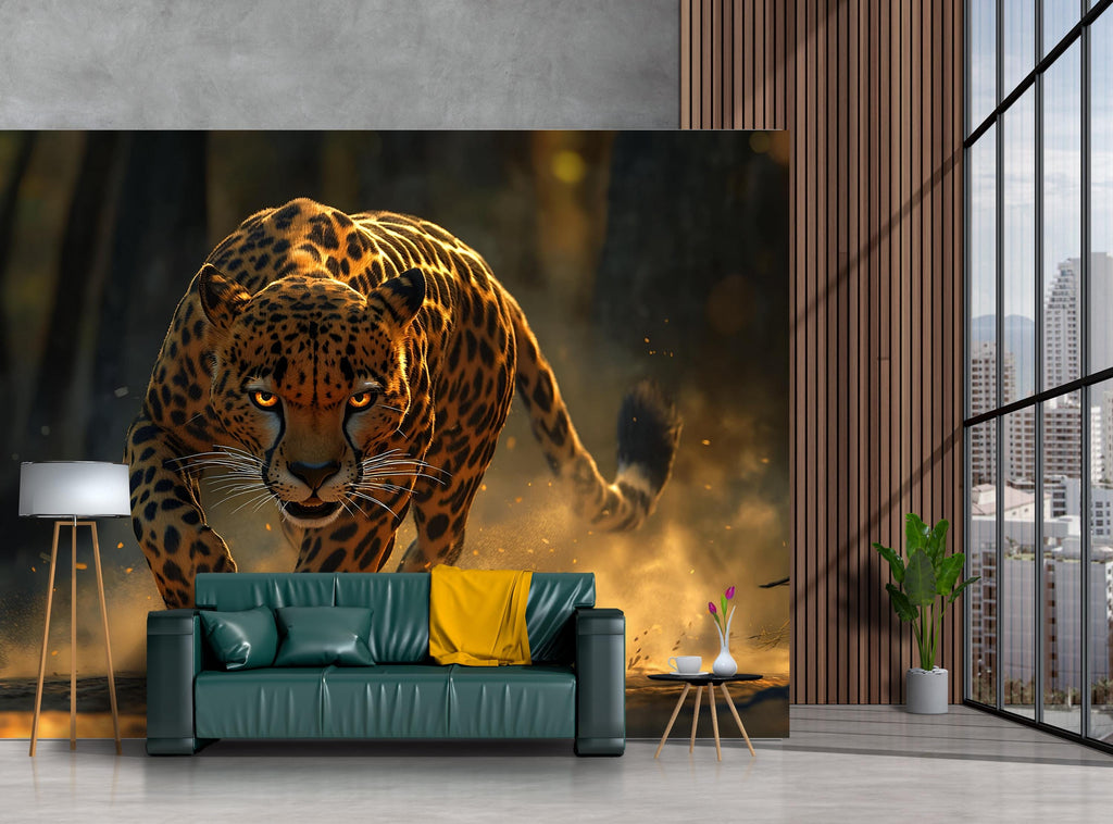 Running Leopard Wall Mural – Bold Safari Wallpaper for Stylish Decor – Wildlife Art Gift for Him – Birthday or Holiday Statement Piece