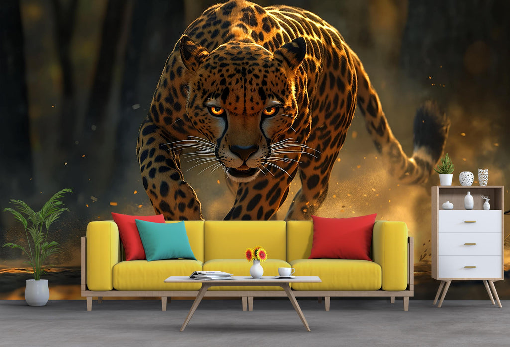 Running Leopard Wall Mural – Bold Safari Wallpaper for Stylish Decor – Wildlife Art Gift for Him – Birthday or Holiday Statement Piece