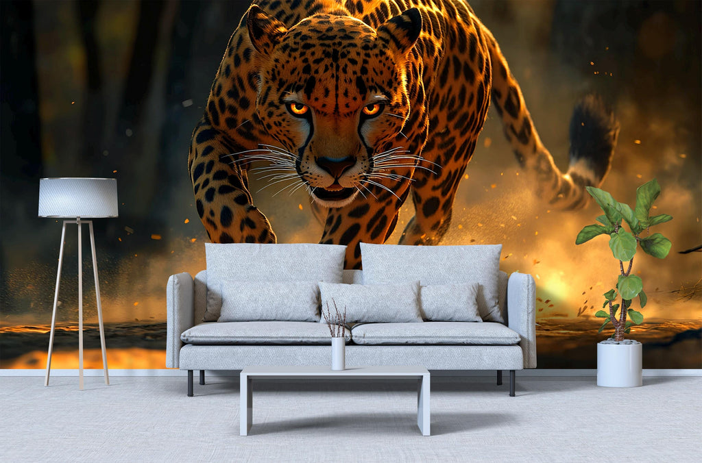 Running Leopard Wall Mural – Bold Safari Wallpaper for Stylish Decor – Wildlife Art Gift for Him – Birthday or Holiday Statement Piece