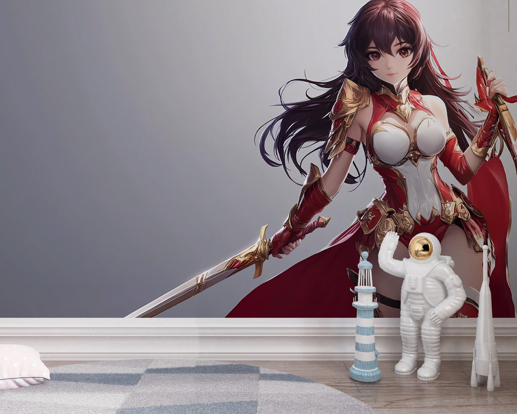 Anime Warrior Girl Wall Mural – Red Armor Fantasy Sword Art, Peel and Stick Mural for Gamers, Anime Bedroom Decor, Manga Heroine Poster