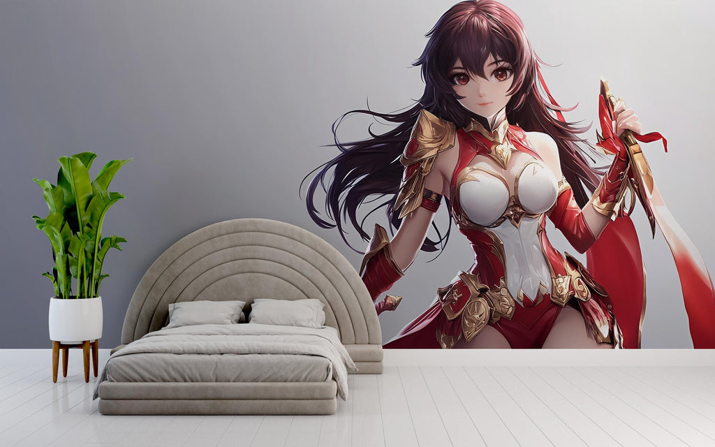 Anime Warrior Girl Wall Mural – Red Armor Fantasy Sword Art, Peel and Stick Mural for Gamers, Anime Bedroom Decor, Manga Heroine Poster