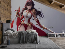 Load image into Gallery viewer, Anime Warrior Girl Wall Mural – Red Armor Fantasy Sword Art, Peel and Stick Mural for Gamers, Anime Bedroom Decor, Manga Heroine Poster