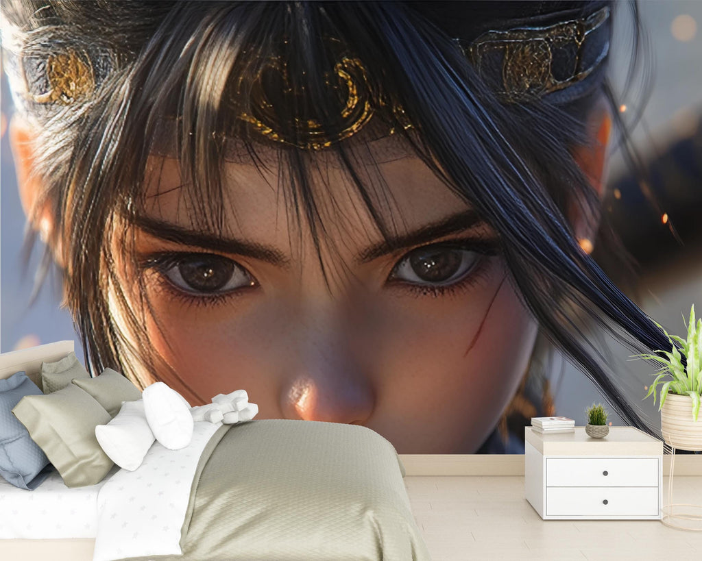 Anime Girl Wall Mural – Warrior Close-Up Portrait Wallpaper, Fantasy Manga Face Art, Peel and Stick Wall Mural for Otaku Bedroom Decor