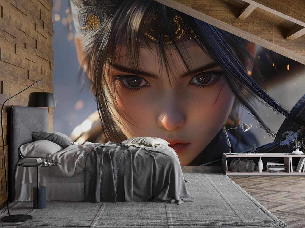 Anime Girl Wall Mural – Warrior Close-Up Portrait Wallpaper, Fantasy Manga Face Art, Peel and Stick Wall Mural for Otaku Bedroom Decor