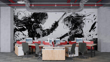 Load image into Gallery viewer, Anime Duel Wall Mural – Monochrome Manga Sword Fight Wallpaper, Black and White Peel &amp; Stick Mural for Gamer or Otaku Room Decor