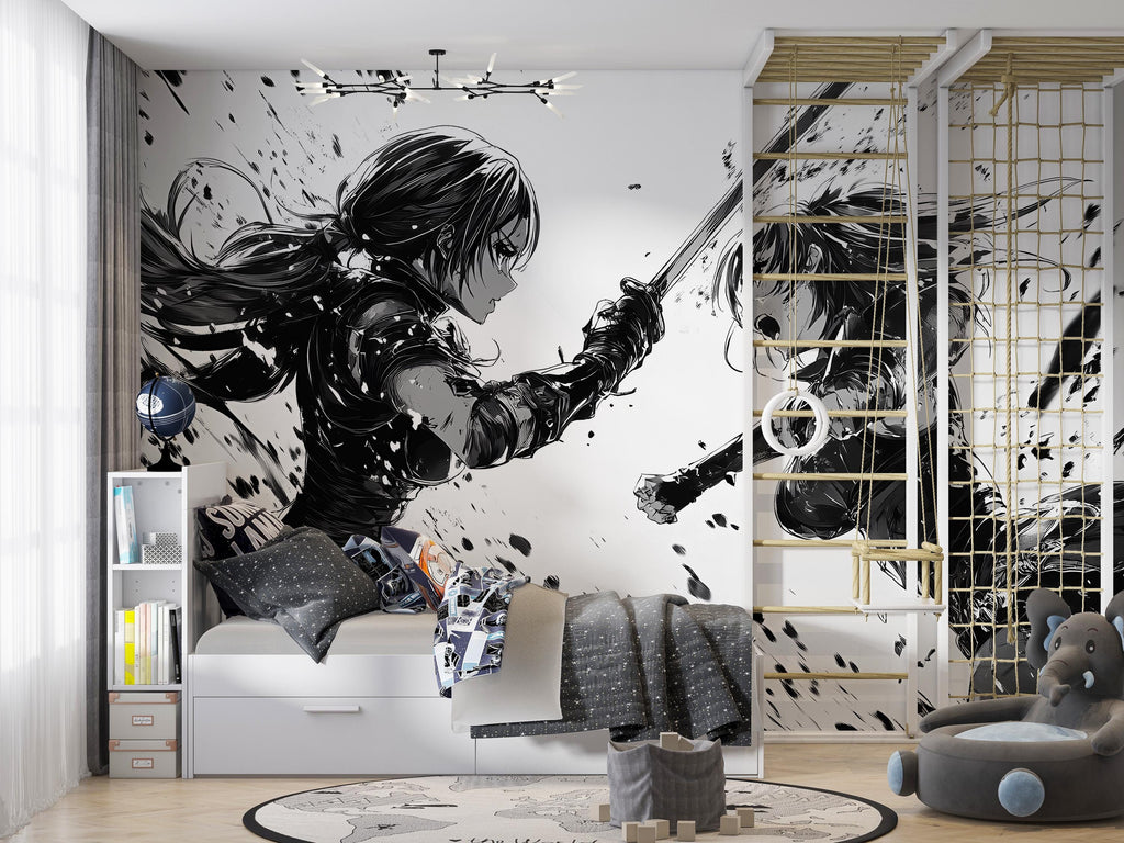 Anime Duel Wall Mural – Monochrome Manga Sword Fight Wallpaper, Black and White Peel & Stick Mural for Gamer or Otaku Room Decor