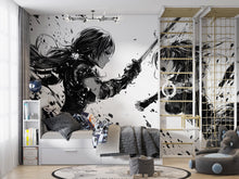 Load image into Gallery viewer, Anime Duel Wall Mural – Monochrome Manga Sword Fight Wallpaper, Black and White Peel &amp; Stick Mural for Gamer or Otaku Room Decor