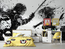 Load image into Gallery viewer, Anime Duel Wall Mural – Monochrome Manga Sword Fight Wallpaper, Black and White Peel &amp; Stick Mural for Gamer or Otaku Room Decor