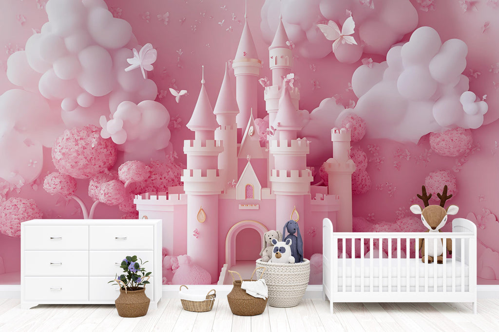 3D Pink Castle Wall Mural – Fantasy Nursery Wallpaper for Girls Room, 3D Style Princess Decor, Baby Girl Peel and Stick Wall Art